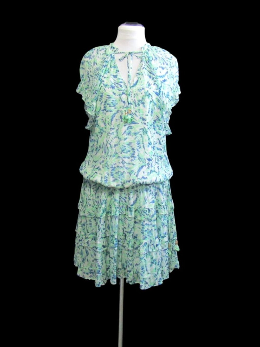 Hale Bob Honey Mini Blouson Dress Womens XS Blue Green Abstract Lined Ruffle New